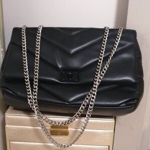Black Quilted Silver Chain 2 in 1 Handbag, Shoulder Bag. European Brand Pieces